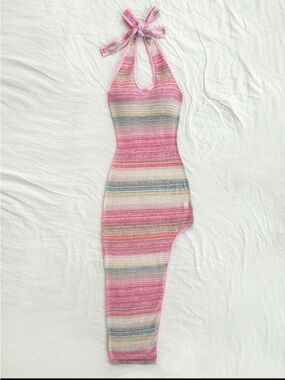 Pastel Striped Knit Cover-Up – Long Halter Beach Dress (XS)